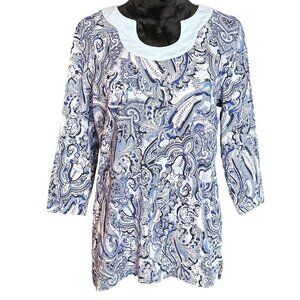 Kim Rogers Top Womens XL Paisley Blouse 3/4 Sleeve Blue White Cotton Cottagecore